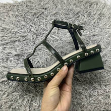 New Genuine Leather Women Sandals 4cm Heel T-shaped with Rivets All-match Summer Shoes Female Black Green Casual Shoes Size 34-4 2024 - buy cheap