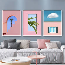 Nordic Minimalist Canvas Painting Ins Wind Pink Fresh Urban Landscape Plant Geometric Architecture Living Room Custom Decor 2024 - buy cheap