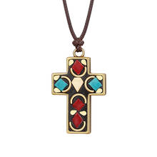 Collares cruzados con colgante de cobre con cuentas de Nepal incrustadas, hecho a mano collar de cadena de cuero, joyería de la suerte antigua religiosa para hombres y mujeres 2024 - compra barato