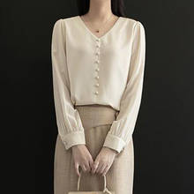 Женская шифоновая блузка с V-образным вырезом и длинным рукавом 2024 - купить недорого