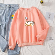 Moletom feminino de algodão kawaii, algodão, fofo, pop, roupas com capuz, roupas com capuz, corgi, gráfico, aguardar 2024 - compre barato