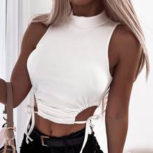 Sexy Women's Rib Knit Tank Tops Sleeveless Mock Neck Side Hole Drawstring Solid Color Cut Out Lace Up Crop Tops 2024 - buy cheap