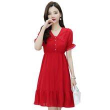 2022 Summer New Chiffon Dress Women Mid-length Red Doll Collar Ladies Dress Female Slim Casual Dress Lady Women Clothes 2024 - buy cheap