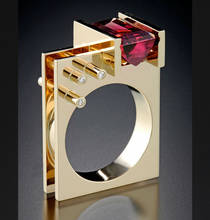 Роскошное красное циркониевое квадратное кольцо принцессы Европейский Уникальный стиль геометрический 18KGP желтое золото цвет обручальное кольцо подарок 2024 - купить недорого