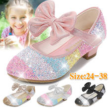 Туфли KAMUCC для девочек принцессы обувь из искусственной кожи туфли с круглым носком на мягкой подошве для больших девочек Нескользящие туфли принцессы на высоком каблуке с кристаллами 2024 - купить недорого