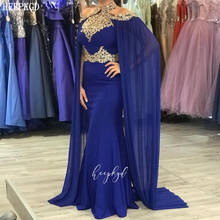 Royal Blue Long Middle East Arabic Evening Dress With Cloak Gold Lace Chiffon Mermaid Formal Dresses Plus Size Women Prom Gowns 2024 - buy cheap