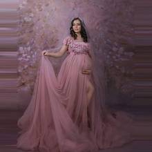 Elegant Dusty Pink Tulle Maternity Gowns For Photo   Shoot Handmade Flower Appliques Floor Length With Train   Sheer Dresses 2024 - buy cheap