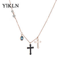 YiKLN религиозные ожерелья из нержавеющей стали цвета розового золота ожерелья с вырезами и черными кристаллами ожерелье с подвеской для женщин YN18271 2024 - купить недорого