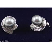 Fashion jewelry Free Shipping  10mm Genuine Gray South Sea Shell Pearl Sterling Silver Earrings AAA 2024 - buy cheap