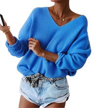 2021 New Autumn Winter Blue Knitted Pullovers Women Long Sleeve Sexy V-neck Sweaters Women Casual Korean Female Jumper Fashion 2024 - buy cheap