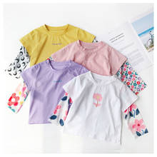 Camisetas de dos piezas falsas para niñas, ropa de algodón con estampado de flores, manga larga, protección solar, de verano 2024 - compra barato