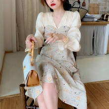 Elegant Floral Dress Women Vintage Retro Designer Dress V-Neck Long Sleeve Print Chic Dress Korean Women's Clothing Autumn 2020 2024 - buy cheap