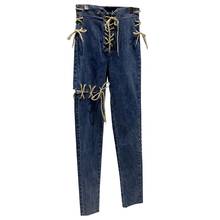 2021 fashion dourado de renda jeans justo feminino cintura alta furo jeans 2024 - compre barato