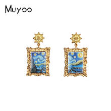 New Arrival Vintage Famous Starry Night Sunflower Oil Paintings Antique Mandala Rectangle Glass Cabochon Vintage Drop Earrings 2024 - buy cheap