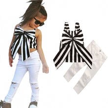 Girl's Suit Ins Fashionable Suspender Pants 2-piece Set Striped Big Bow Top Ripped Pants Children's Suit Fashion Girl 2024 - buy cheap