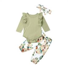 Conjunto de roupas florais de algodão para recém-nascidos, conjunto de 3 peças de macacão + calças + tiara para bebês meninas, roupas fofas 2024 - compre barato
