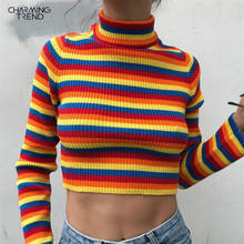 Suéteres de arcoíris para mujer, Jersey ajustado a rayas Retro, Tops elásticos de punto, invierno y primavera, 2020 2024 - compra barato