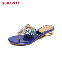 XGRAVITY New Rhinestone  Flip Flops Girls Slippers Colorful Crystal Design Women Sandals Hot Ladies Genuine Leather Shoes B018 2024 - buy cheap