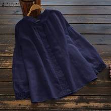 ZANZEA-Tops de algodón Vintage para mujer, blusa con encaje de ganchillo, camisas de manga larga con botones, Túnica de mujer 2021 2024 - compra barato