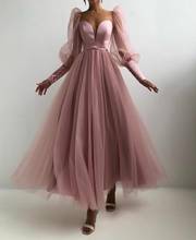 Elegante vestido de noche de tul para mujer, manga larga, Rosa polvoriento, largo hasta el té, con cremallera y cuello en V, Formal 2024 - compra barato