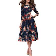 Vestido Midi de fiesta acampanada de manga larga con cuello redondo para mujer, estampado Floral Vintage elegante, 2021 2024 - compra barato