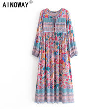 Boho Fashion 2021 Lady Vintage Chic Tie Neck Tassel Floral Print Long Sleeve Beach Bohemian Maxi Dress Robe 2024 - buy cheap