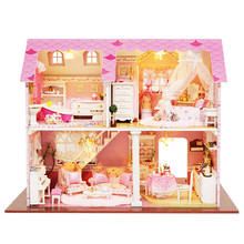 Casa de muñecas rosa en miniatura para niños, casa de muñecas de madera hecha a mano, Kits de construcción de modelos, muebles de montaje, rompecabezas, juguetes, A-003 2024 - compra barato