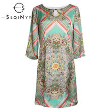 SEQINYY Green Dress 2020 Summer Spring New Fashion Design Satin Flowers Print Bohemian Straight Mni Dress 2024 - buy cheap