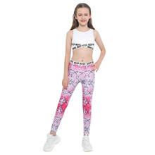 Kids Girls Yoga Gym Fitness Sport Suit Dancewear Round Neck Sleeveless Letters Print Crop Top High Waist Cartoon Pants Trousers 2024 - buy cheap