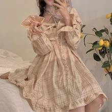 Vestido de princesa estilo Lolita japonés para mujer, a cuadros, con cuello cuadrado y mangas abullonadas, bonito vestido Kawaii con volantes 2021 2024 - compra barato