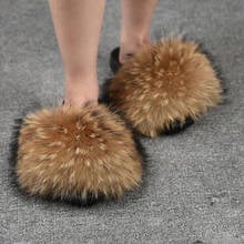Inverno crianças/crianças real pele de raposa slides de pele de guaxinim macio das senhoras chinelos de pelúcia sapatos casa arco-íris chinelos peludos 2024 - compre barato