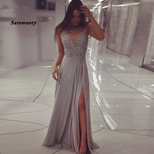 Gray Split-Front Beading Chiffon Scoop A-Line Prom Dresses 2022 Party Maxys Long Prom Gown Sexy Evening Dress Robe De Soiree 2024 - buy cheap