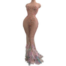 Pearl Feather Dresses for Women See-through Mesh Dress Birthday Celebrate Outfit Nightclub Bar Prom Dance Show Costumes 2024 - buy cheap