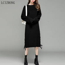 Зимнее свободное однотонное платье-свитер, женское модное черное платье миди с круглым вырезом и длинным рукавом, элегантное офисное трикотажное платье 2024 - купить недорого