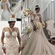 Plus Size Illusion Long Sleeve Mermaid Wedding Dresses Nigeria High Neck Full back Dubai Arabic Castle Wedding Gown 2024 - buy cheap