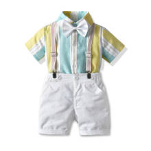 От 0 до 6 лет, летние комплекты одежды джентльмена для маленьких мальчиков однобортные Топы в полоску с короткими рукавами и галстуком-бабочкой, комбинезоны, шорты 2024 - купить недорого