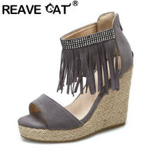 REAVE CAT New 2021 Women Sandals Open Toe 11cm Wedge Heels Nubuck Bling Tassels Stylish Exotic Big Size 34-46 Casual A3904 2024 - buy cheap