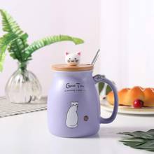 Taza de gato de 450ml, Taza de cerámica de dibujos animados con tapa y cuchara, café, leche, té, tazas de desayuno, vasos para beber, regalos de oficina 2024 - compra barato