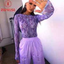 Sexy Slim Flame Printed Mesh Legging Tops O Collar Long Sleeve Purple Patchwork Streetwear Fashion Elegant Autumn Women T-shirt 2024 - buy cheap