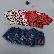 FOCUSNORM 1-5Y Summer Kids Girls Leopard Clothes Sets Short Sleeve Pullover T Shirts Blue Denim Shorts 2pcs 2024 - buy cheap