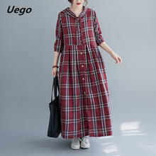 Женское клетчатое платье-блуза с капюшоном, Повседневное платье-рубашка из хлопка и льна в Корейском стиле, осень 2021 2024 - купить недорого