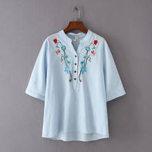 Plus size branco azul feminino meia manga algodão blusa vintage floral bordado topos 2024 - compre barato