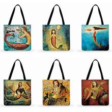 Retro Mermaid Oil Painting Art Tote Print Bag Women Casual Tote Ladies Shoulder Bag Outdoor Shopping Fashion Bag Beach Tote Bag 2024 - buy cheap