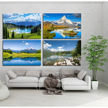 Cuadro de Arte de pared para sala de estar y hogar, carteles impresos de montaña, cielo azul, lago, pintura Modular de árbol forestal, lienzo de arte impreso 2024 - compra barato