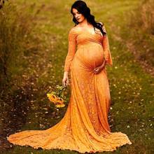 Vestido de manga larga de encaje para mujeres embarazadas, ropa de maternidad para sesión de fotos de embarazo, cuello en V, Maxi 2024 - compra barato