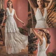 Bohemian Wedding Dresses 2020 V Neck Lace Appliqued Floor Length Boho Bridal Gowns Tiers A Line Beach Wedding Dress 2024 - buy cheap