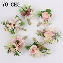 YO CHO Artificial Wedding Boutonniere Flower Men Boutonniere Bridesmaid Wrist Corsage Girl Bracelet Pink Rose Silk Orchid Flower 2024 - buy cheap