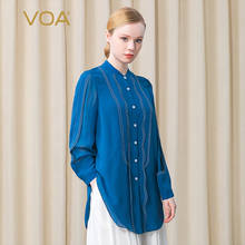 VOA Silk Dark Blue Georgette Semi-high Collar Single-breasted Silk Stitching Open Edge Straight Long Sleeve Shirt Woman BE525 2024 - buy cheap