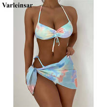 Bikini Tie-Dye con cordones para mujer, traje de baño femenino, conjunto de Bikini de tres piezas, Halter con Sarong, V2913 2024 - compra barato