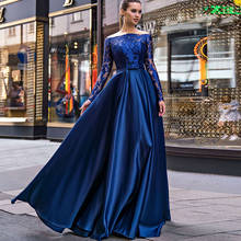 Royal Blue Long Sleeve Evening Dresses A Line Floor Length Off the Shoulder Lace and Satin Party Prom Gown Custom Made 2021 2024 - buy cheap